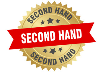 second hand. second hand round red and gold label isolated on transparent background