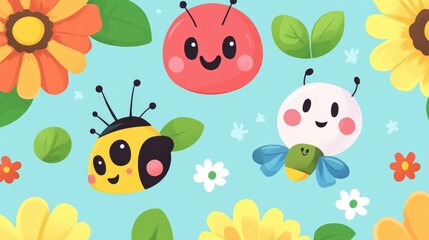 Cute Cartoon Insects and Flowers Seamless Pattern