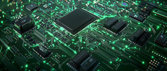 Fototapeta premium Closeup View Of Glowing Circuit Board With Green Lighting