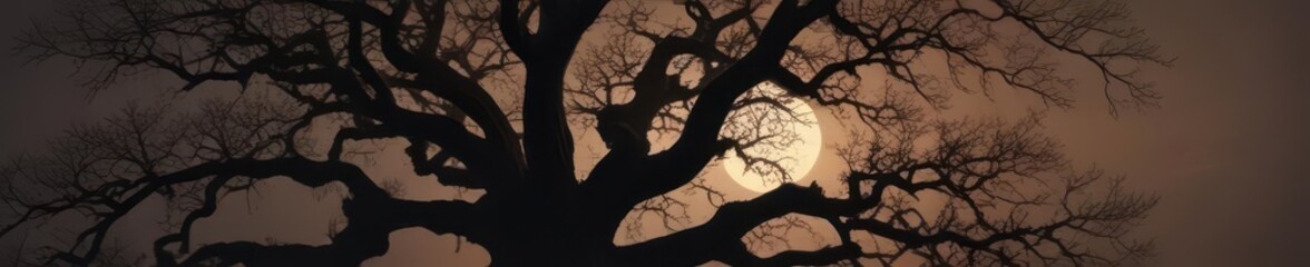 Ancient gnarled oak silhouetted against pale moonlight, branches reaching skyward , fantasy, landscape, evening