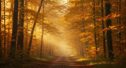 Autumn forest path bathed in golden light