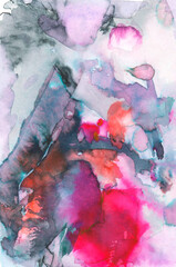 Abstract art hand painted with blue and purple watercolor spill on white paper. Art, graphic resource, background for graphic design.