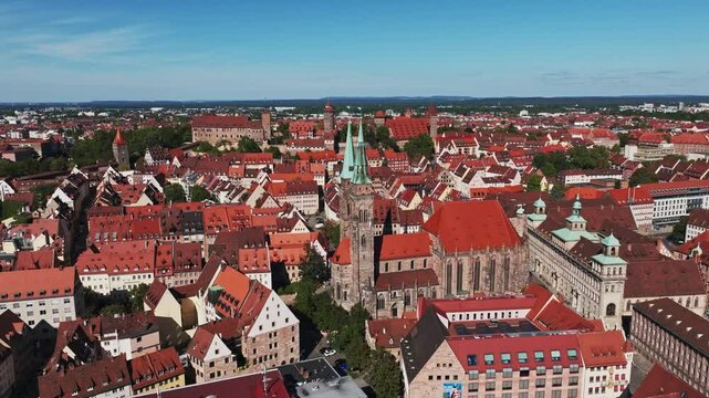 Aerial drone view of St. Sebald Church (Sebalduskirche) in N&uuml;rnberg, Germany