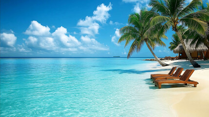 Fototapeta premium A serene tropical beach with palm trees and crystalclear turquoise waters capturing the essence of paradise on an island in the Maldives The sky is blue with fluffy white clouds cre.j