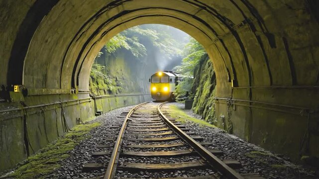 Misty tunnel train journey, lush greenery, dark tunnel