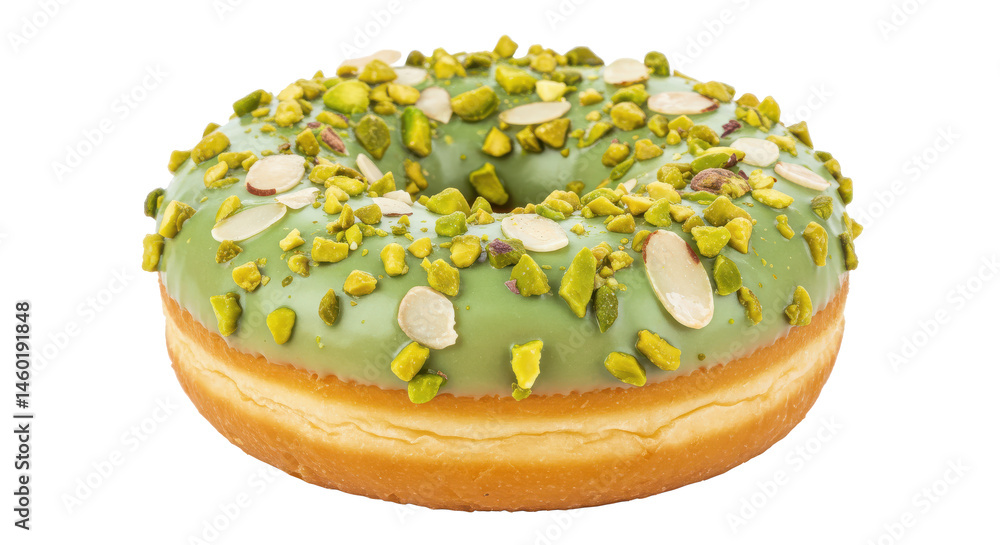 Poster a single donut with green frosting and pistachio topping on a gray background in a studio setting vi