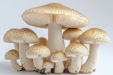 Cluster of mushrooms in various sizes,  pale cream and tan caps