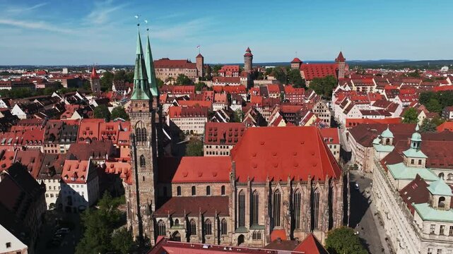 Aerial drone view of St. Sebald Church (Sebalduskirche) in N&uuml;rnberg, Germany