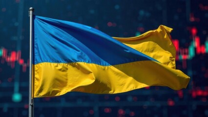 Ukrainian Flag Waving Over Stock Market Data Background