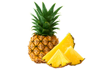 fresh pineapple whole and sliced chunks isolated on white