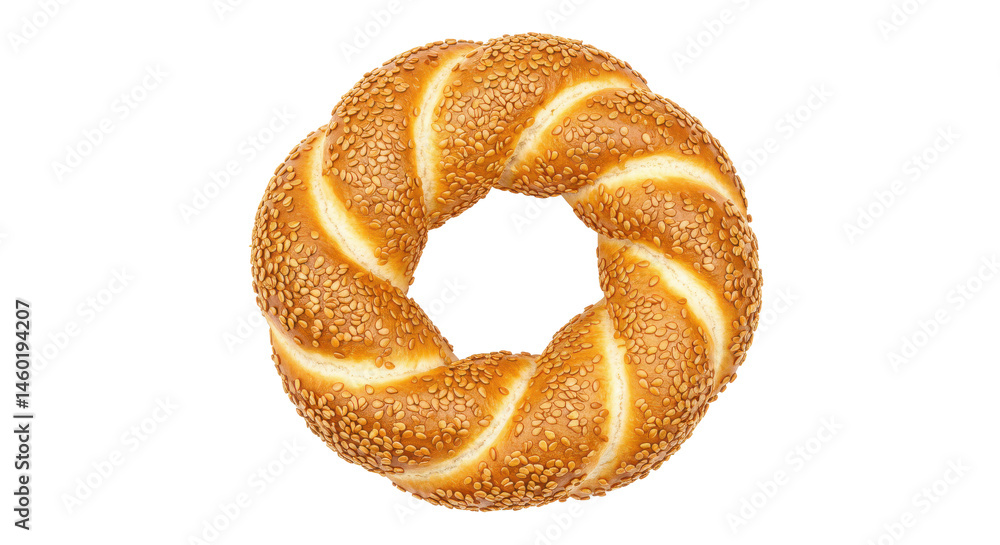 Poster a close up view of a single twisted bagel with sesame seeds on a black background in a studio settin