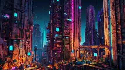 Obraz premium Neon Future Cityscape: A Vibrant Urban Landscape of Futuristic Buildings