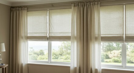 Fototapeta premium Light beige linen curtains and blinds on windows