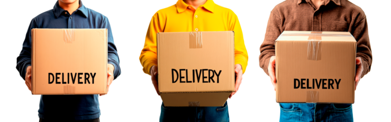 Delivery person smiles while holding a package labeled delivery on a transparent background