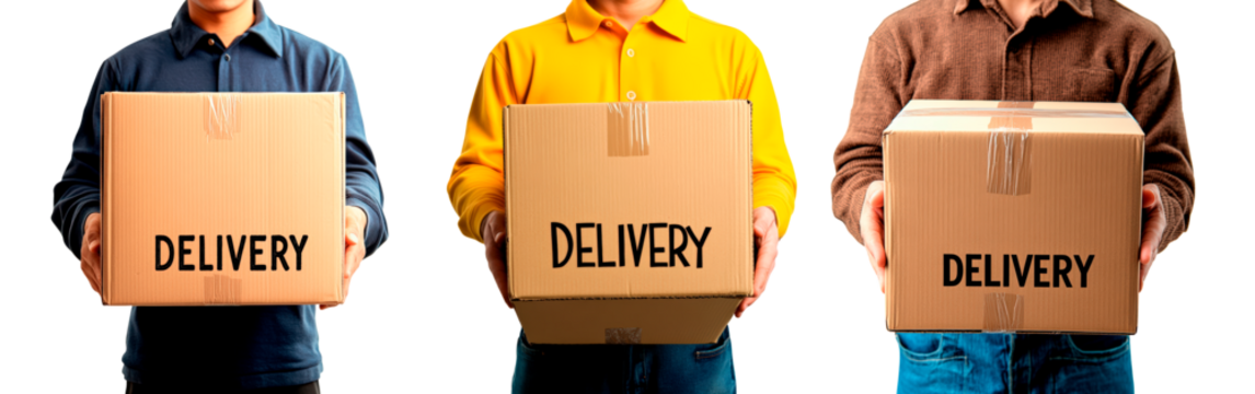 Delivery person smiles while holding a package labeled delivery on a transparent background