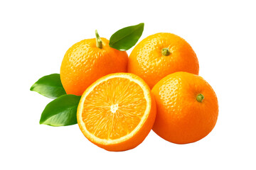  fresh ripe mandarins whole and halved with green leaves isolated