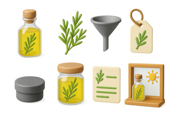 Herbal oil bottles and greenery in whimsical design elements