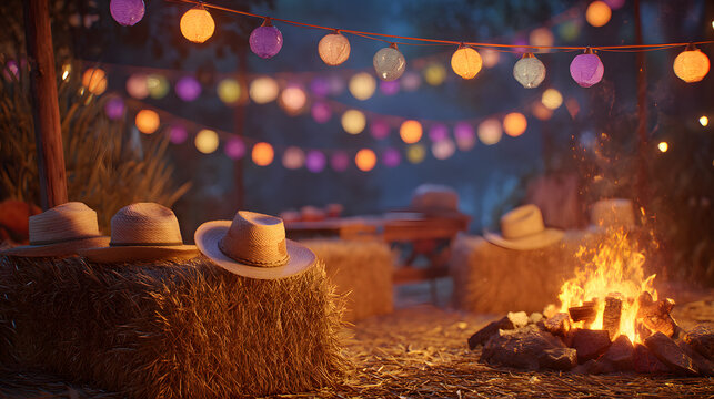 Enchanted Dusk Bonfire Gathering Hay Bales, String Lights, and Cowboy Hats