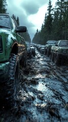 Obraz premium Post-Apocalyptic Road with Damaged Cars and Cracked Pavement in a Desolate Landscape