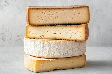 Stacked cheese varieties showcase textures, aromas, and hues of aged dairy delights