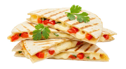A stack of grilled quesadillas filled with red peppers and cheese garnished with fresh green herbs on white