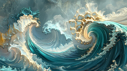 Abstract nature inspired wave pattern in shades of teal and silver evoking the motion of water. [Fractal Myths] | Celestial Sequence | divine pattern. Illustration