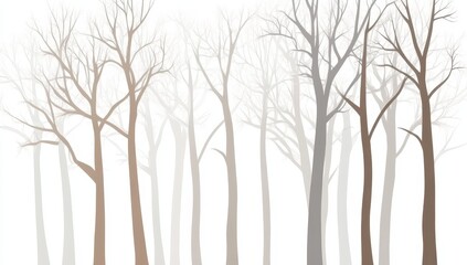 Against a white background, a digital illustration shows a row of stylized tree trunks in brown and gray hues