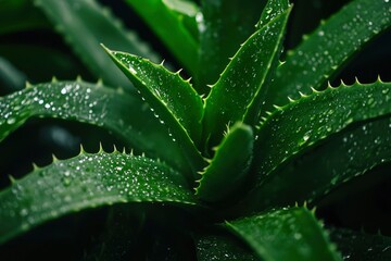 Vibrant aloe plant with moisture droplets, showcasing texture and lushness in dark green hues