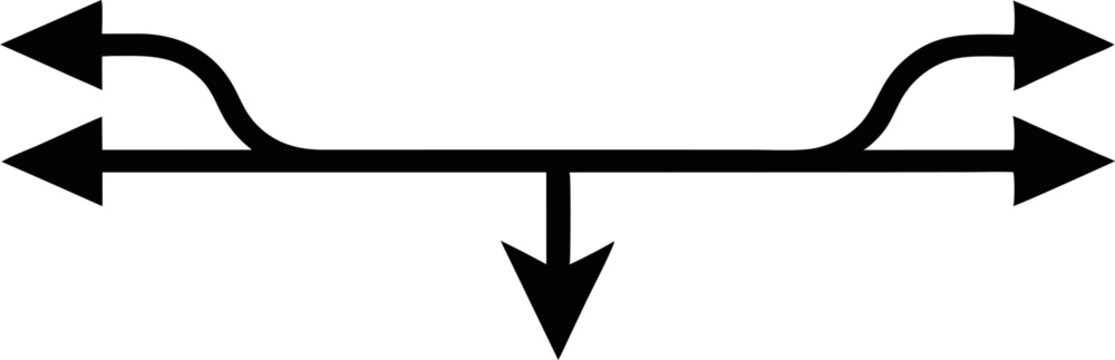 A thick black arrow with a central horizontal shaft that splits into two outward-pointing arrows on each end, and a single downward-pointing arrow from the center, symbolizing expansion, distribution,
