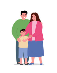 Family standing together. Mom, dad, son are happy, hugging, supporting each other. Vector flat graphics.
