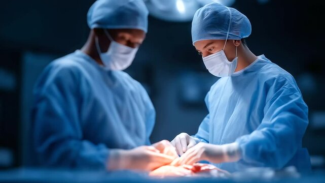 Surgeons in a busy operating theater performing a complex procedure