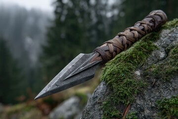 Craftsmanship of a braided spear with sharpened obsidian tip in a forest setting