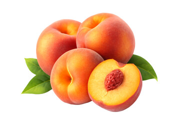  ripe peaches whole and halved with green leaves isolated on white