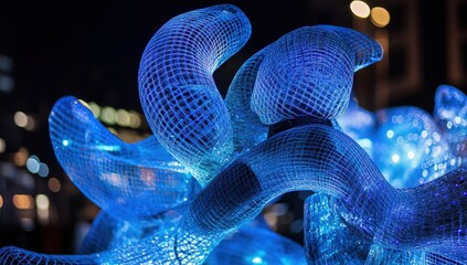 Abstract illuminated sculpture,  glowing blue mesh forms