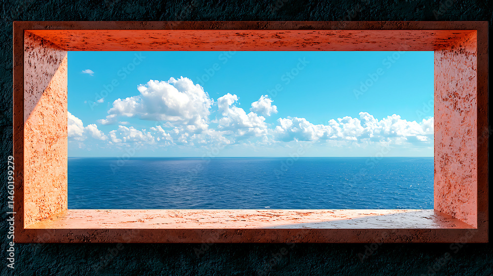 Poster distant ocean horizon view through a rustic frame
