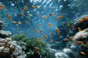 Naklejka premium Underwater scene featuring vibrant orange fish swimming among coral reefs, illuminated by soft light rays filtering through deep ocean blue water, creating a serene aquatic atmosphere