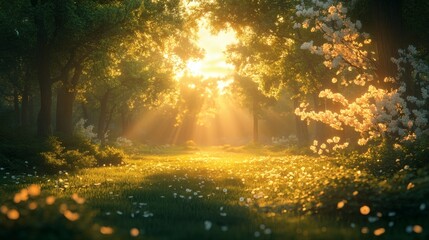 Naklejka premium Peaceful park with golden light through trees illuminating green bench in tranquil outdoor nature scene