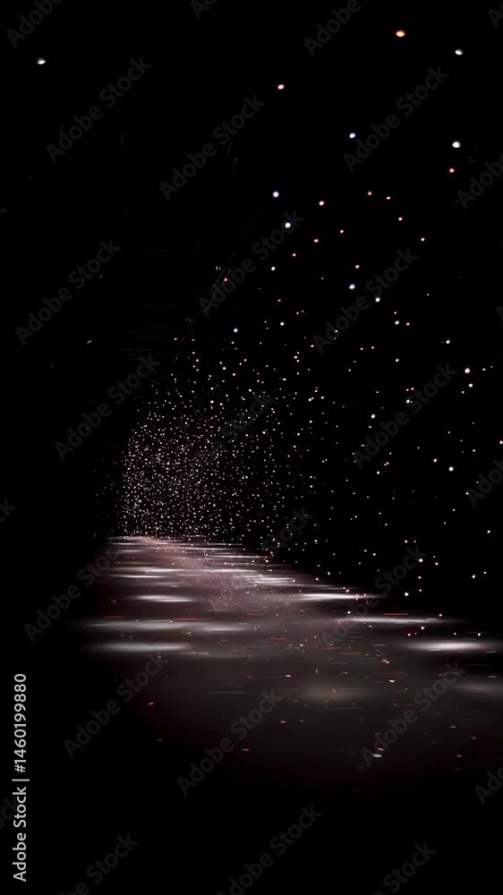 Poster illuminated walkway in a dark corridor with glowing particles and reflection, providing an atmospher