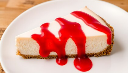 a perfectly formed slice of strawberry cheesecake rests on a white plate. the creamy filling is smooth and dense, speckled with tiny flecks of vanilla bean
