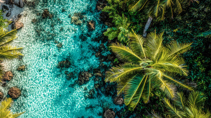 Naklejka premium A beautiful blue ocean with palm trees in the background. The water is calm and the palm trees are lush and green