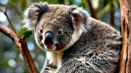 Naklejka premium Close-up of a koala in a tree. A fluffy, adorable koala with soft fur sits comfortably on a branch, its large ears and expressive eyes visible