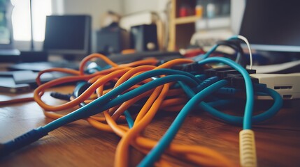 Close-up view of a tangled mess of colorful computer cables.