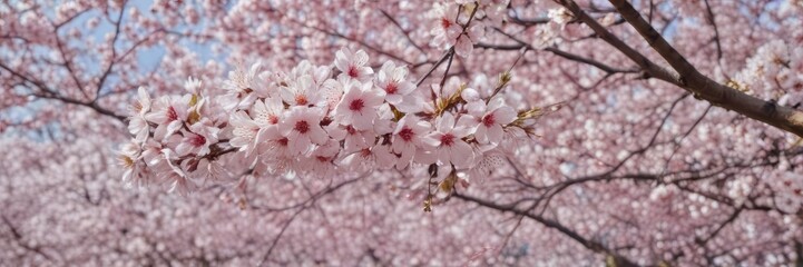 Obraz premium Abundant pink and white cherry blossoms, lush sakura branches , flower background, Asia