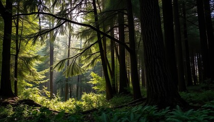 Sunbeams pierce dense forest canopy, illuminating lush undergrowth