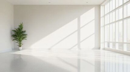 Fototapeta premium Empty modern loft with large windows and plants 