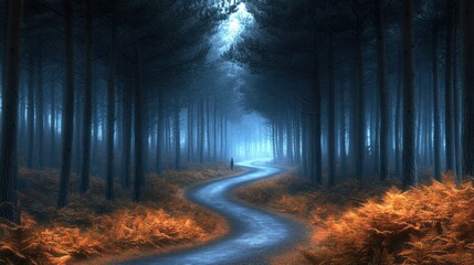 Fototapeta premium Mystical forest path winding through tall trees, bathed in ethereal blue light