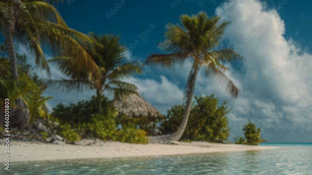 Poster a beach with palm trees and a small hut. the sky is blue and there are clouds in the background