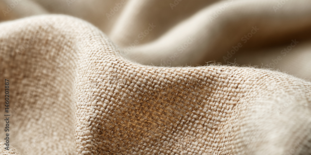 Poster close-up of beige burlap texture, showing woven fibers and soft folds, suggesting naturalness, rusti
