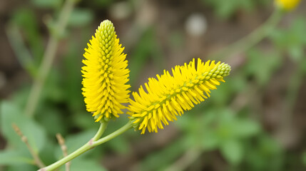 Yellow spike inflorescence on a branched stem, flowering, herbage, monoclinous