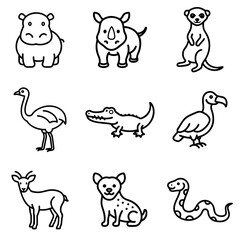 Fototapeta premium Line Art Animals in Simple Black and White Style, icons set, vector 